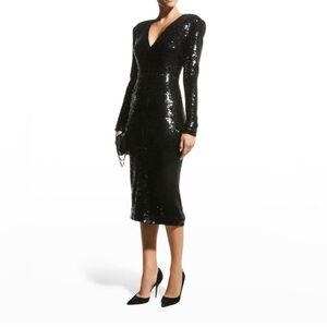 Veronica Beard Dayan Black Sequin V-Neck Long Sleeve Midi Dress